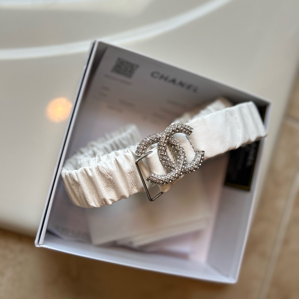 Chanel White Belt with Crystal Logo